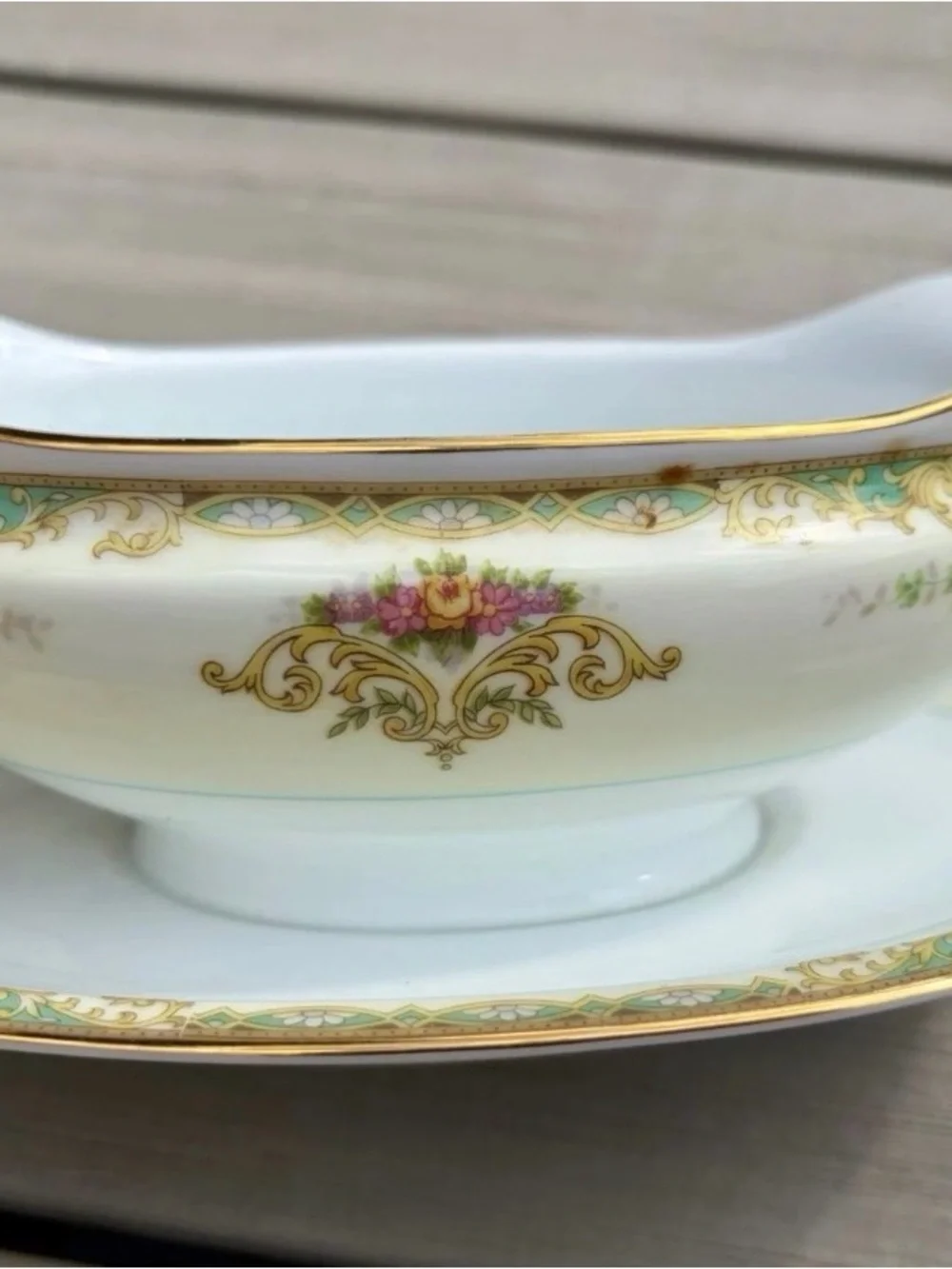 Noritake Vintage White Porcelain Gravy Boat with Gold Trim and Pink Floral Motif